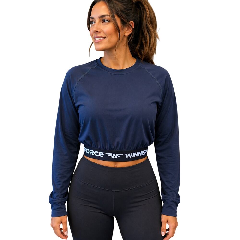 Winner force sz L navy stretch long sleeve gym workout performance crop top EUC